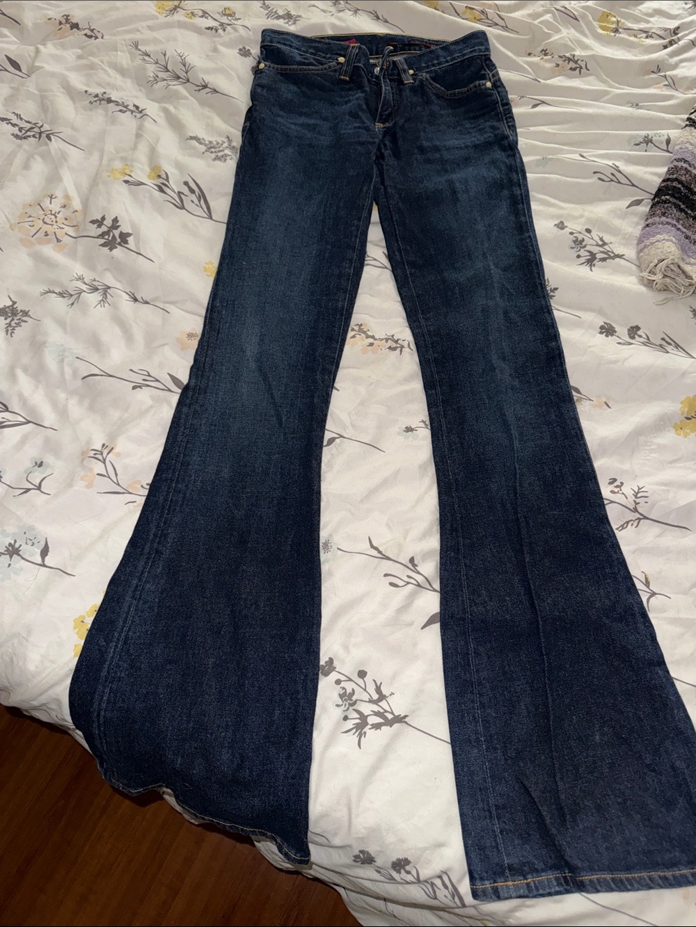 Ag Adriano Goldschmied Women's Dark Blue Flare Jeans with Gold Stitching